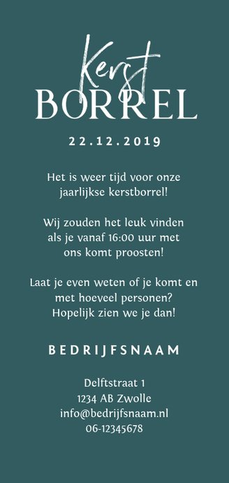 Uitnodiging kerstborrel zakelijk kerstkaart stijlvol Achterkant