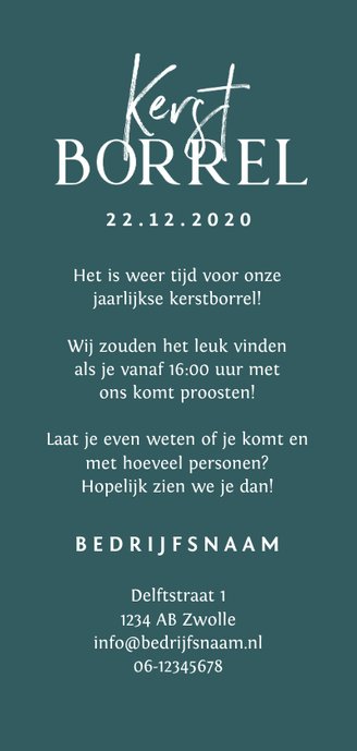 Uitnodiging kerstborrel zakelijk kerstkaart stijlvol Achterkant
