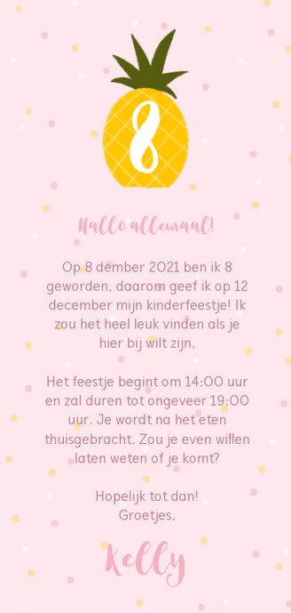 Uitnodiging kinderfeestje flamingo's, ananassen & confetti 3