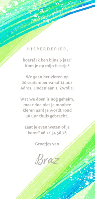 Uitnodiging kinderfeestje foto's & groene verfstrepen Achterkant