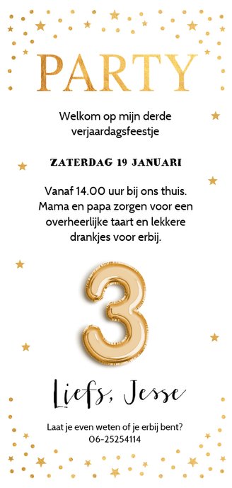 Uitnodiging kinderfeestje goud confetti ballon 3 jaar Achterkant
