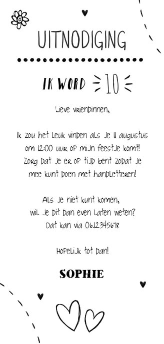 Uitnodiging kinderfeestje handlettering party Achterkant