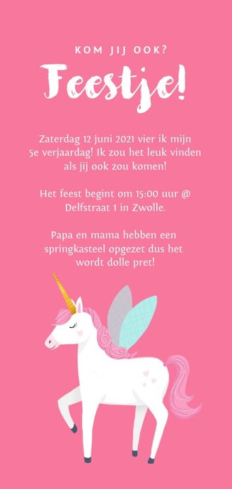 Uitnodiging kinderfeestje meisje eenhoorn met eigen foto Achterkant