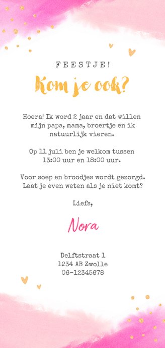 Uitnodiging kinderfeestje meisje eenhoorn roze waterverf Achterkant