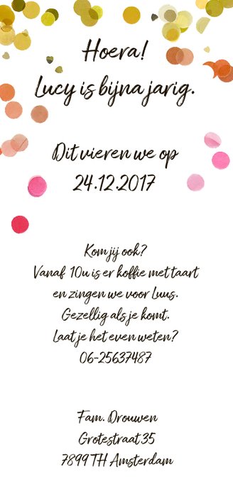 Uitnodiging kinderfeestje meisje met confetti hartjes Achterkant