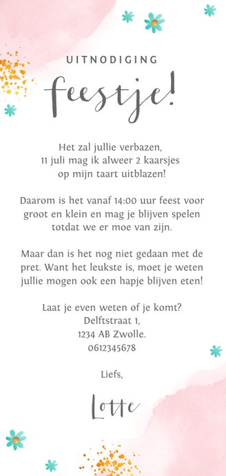 Uitnodiging kinderfeestje meisje met grote taart Achterkant