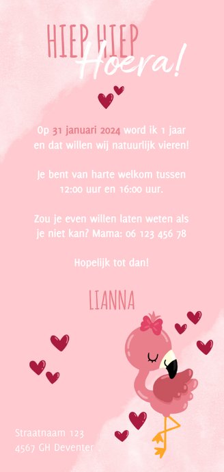 Uitnodiging kinderfeestje met flamingo, hartjes en waterverf Achterkant