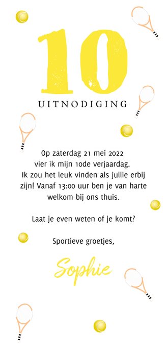 Uitnodiging kinderfeestje met tennis thema Achterkant