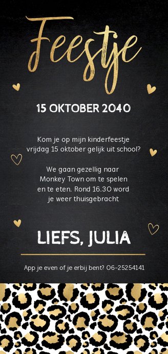 Uitnodiging kinderfeestje panterprint krijtbord Achterkant