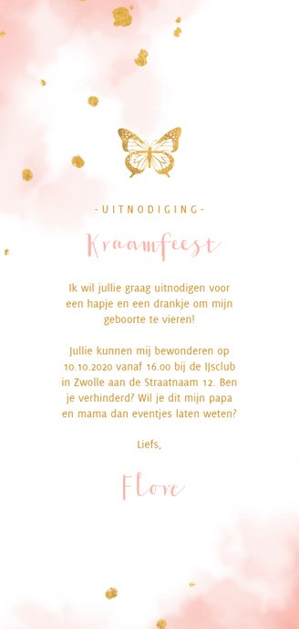 Uitnodiging kraamfeest gouden vlinder met waterverf Achterkant