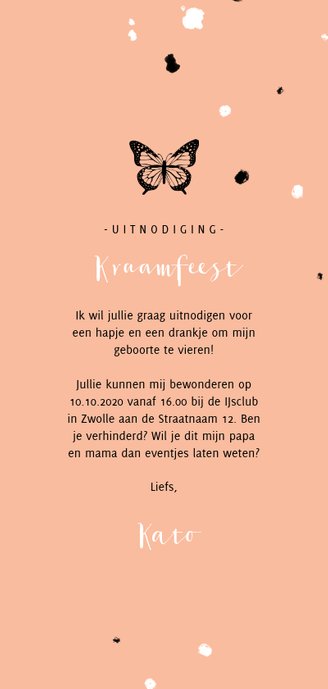 Uitnodiging kraamfeest zwarte vlinder met spetters Achterkant