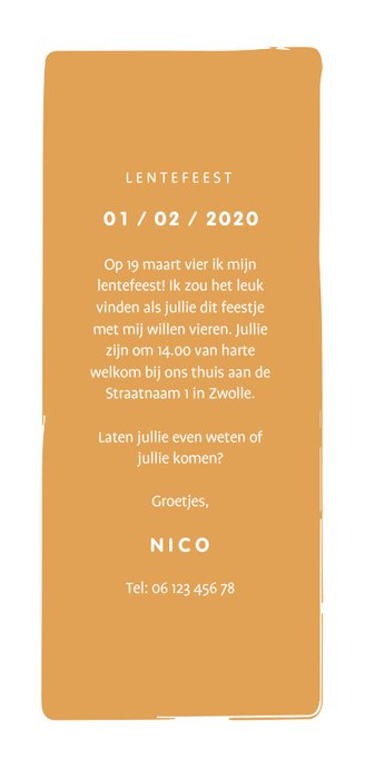 Uitnodiging lentefeest met initiaal, bolhoed en snorretje Achterkant