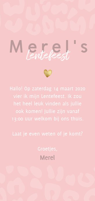 Uitnodiging lentefeest voor meisje met panterprint en hartje Achterkant