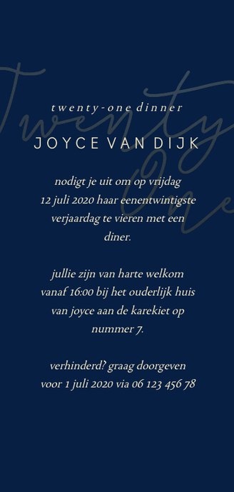 Uitnodiging met gouden 'Twenty One' langwerpig Achterkant