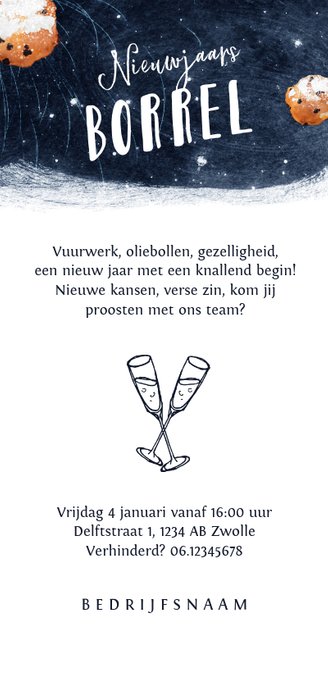 Uitnodiging nieuwjaarsborrel oliebollen vuurwerk verf Achterkant