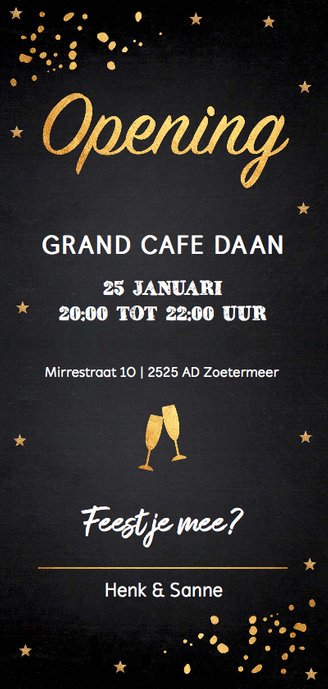 Uitnodiging opening foto confetti goud langwerpig Achterkant