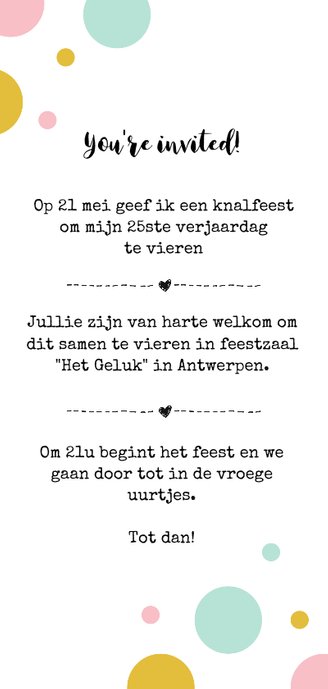 Uitnodiging party confetti Achterkant