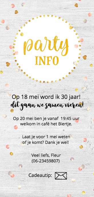 Uitnodiging - party time goudlook Achterkant