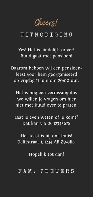 Uitnodiging pensioen goudlook patroon confetti foto Achterkant