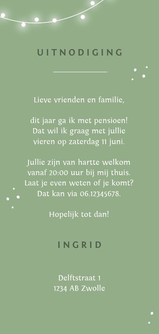 Uitnodiging pensioen hip lampjes confetti foto Achterkant