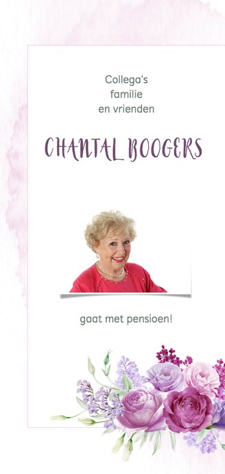 Uitnodiging pensioen paarse bloemen 2