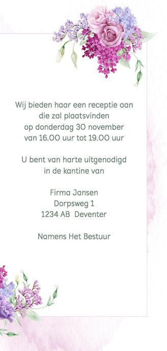 Uitnodiging pensioen paarse bloemen 3