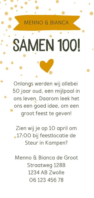Uitnodiging samen 100 met foto en label Achterkant