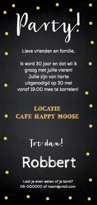 Uitnodiging verjaardag foto confetti krijtbord Achterkant