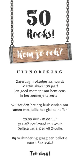 Uitnodiging verjaardag man industrieel hout met foto Achterkant