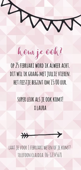 Uitnodiging - verjaardag roze ruitjes (langwerpig) Achterkant
