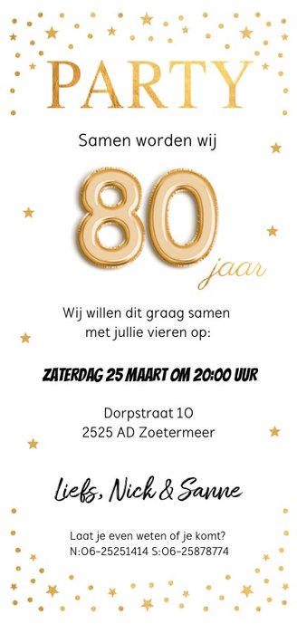 Verwonderlijk Uitnodiging verjaardag samen 80 jaar goud | Kaartje2go JZ-12