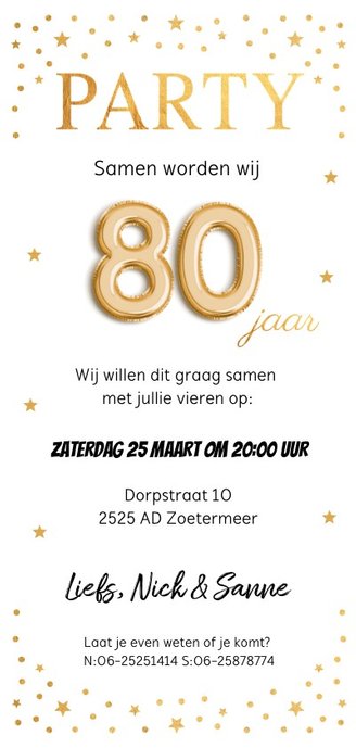 Uitnodiging verjaardag samen 80 jaar goud confetti Achterkant
