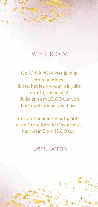 Uitnodiging voor communie met roze waterverf en goudspetters 3