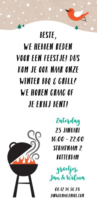Uitnodiging winter kerst BBQ en Grill nieuwjaarsborrel Achterkant