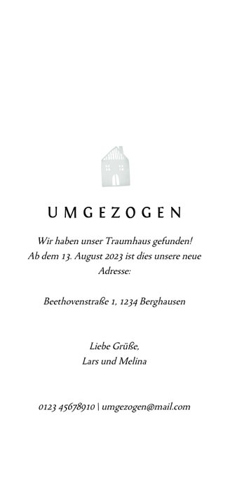 Umzugskarte in weiß mit Foto und einem kleinen Haus Rückseite