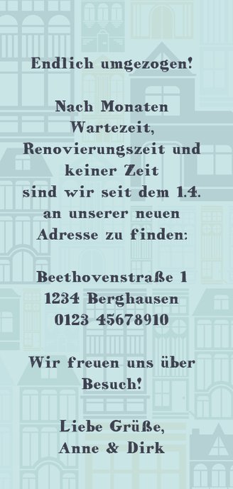 Umzugskarte "new home" mit Gebäuden Rückseite