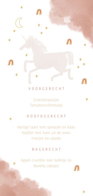 Unicorn en regenboogjes menukaart communie Achterkant