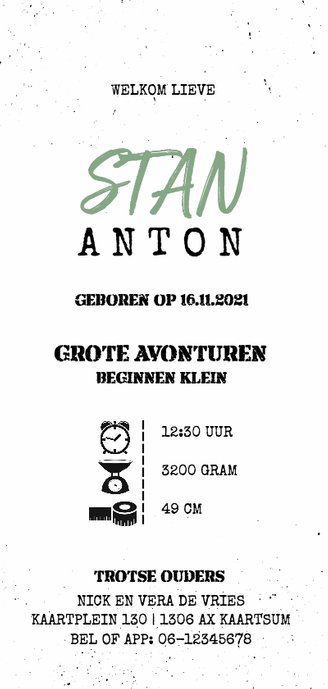 Urban geboortekaartje jongen Achterkant