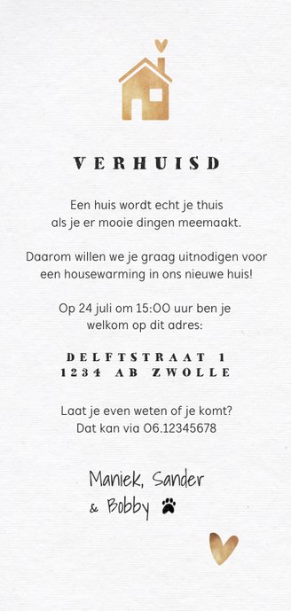 Verhuiskaart hip fotocollage goudlook hout huisje Achterkant