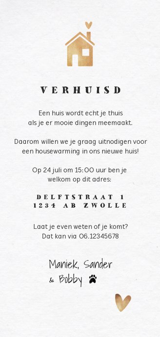 Verhuiskaart hip fotocollage goudlook hout huisje Achterkant