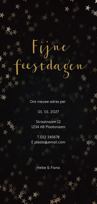 Verhuiskaart kerst langwerpig zwart met huis van goud Achterkant
