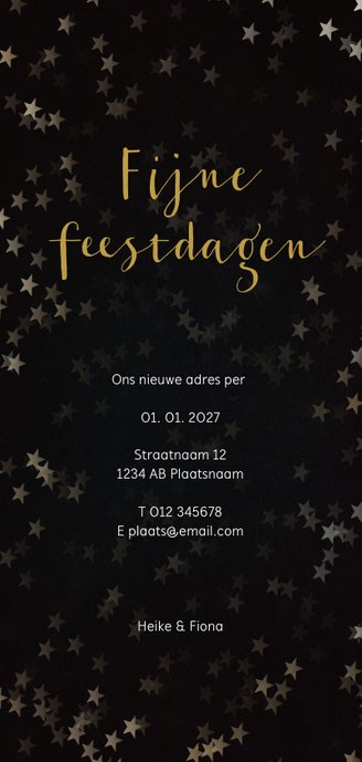 Verhuiskaart kerst langwerpig zwart met huis van goud Achterkant
