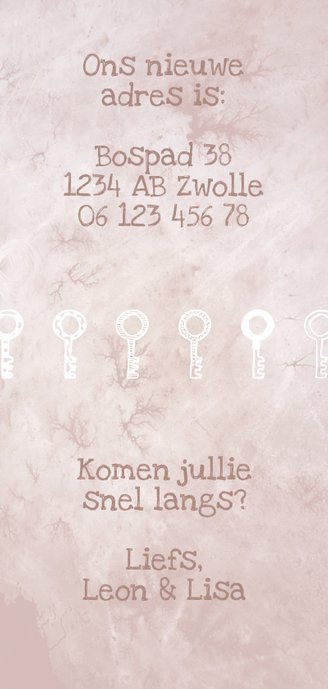 Verhuiskaart langwerpig marble roze met sleutels Achterkant