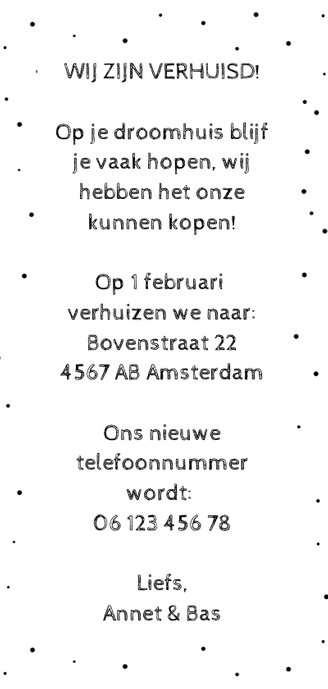Verhuiskaart langwerpig met Amsterdamse huisjes en reflectie Achterkant
