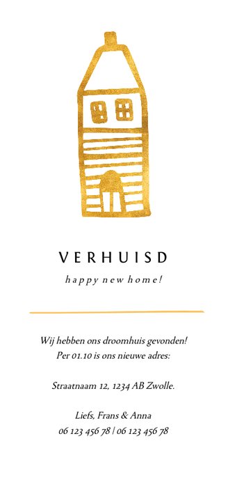 Verhuiskaart langwerpig met gouden huisje Achterkant