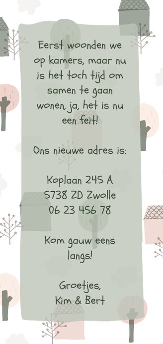 Verhuiskaart langwerpig met huisjes, bomen en wolken Achterkant
