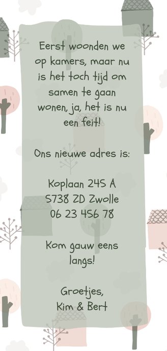 Verhuiskaart langwerpig met huisjes, bomen en wolken Achterkant