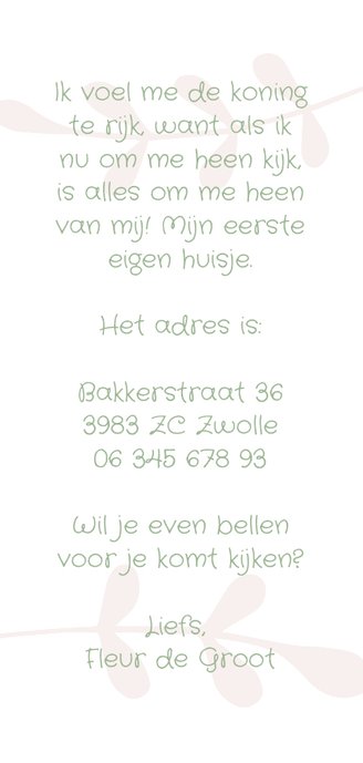 Verhuiskaart langwerpig 'NEW HOME' botanische stijl Achterkant