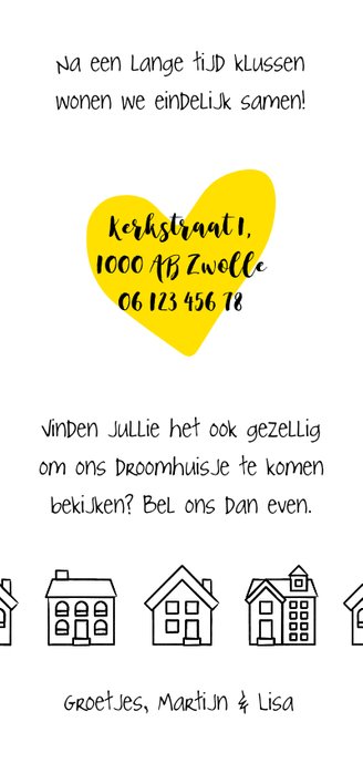 Verhuiskaart met getekende zwart-witte huisjes Achterkant