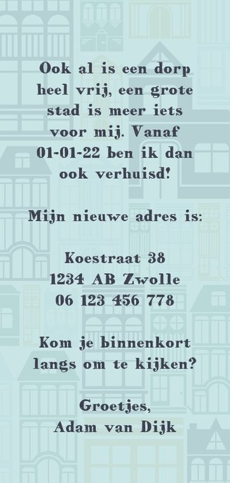 Verhuiskaart 'NEW HOME' met geïllustreerde huizen Achterkant